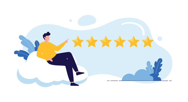 Satisfied customer sitting on a cloud while pointing to five stars to show high rating and product satisfaction.