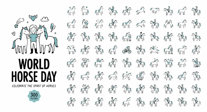 World Horse Day Collection: A compilation of simple, hand-drawn illustrations celebrating World Horse Day, featuring various equestrian scenes and motifs, perfect for thematic designs and content.