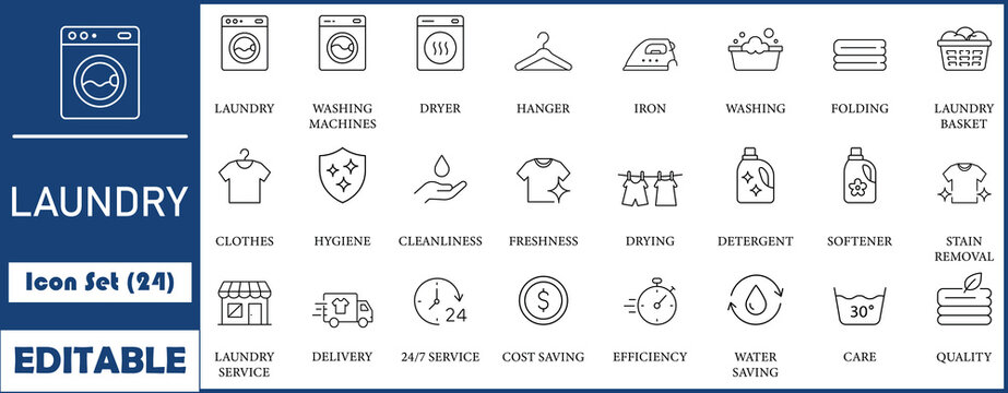 Laundry icon set, containing washing machine, dryer, hanger, iron, clothes and hygiene. Solid vector icons collection.