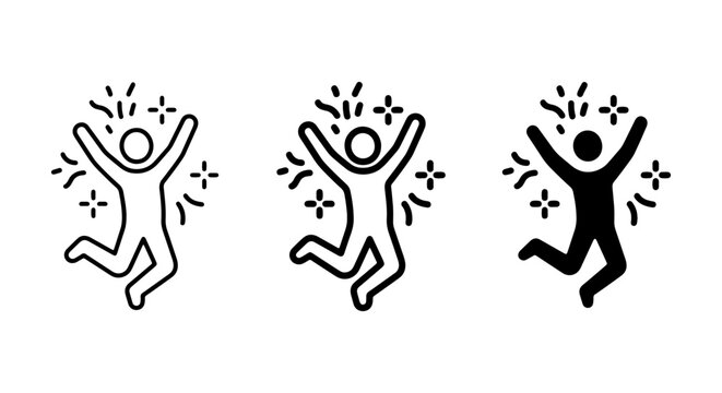 Joyful Celebration Icons: Three Figures Jumping with Excitement, Success, and Happiness, Vector Graphics