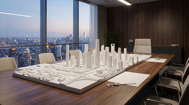 White 3D architectural city model on a wooden table against a blurred skyline, representing real estate development and urban planning.