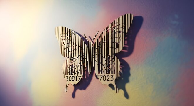 Barcode Butterfly Shadow Art on Pastel Wall with Soft Lighting