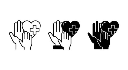 Obraz premium Medical Care Icons, Health Support Symbols, Hands Offering Heart with Cross, Vector Graphics Set