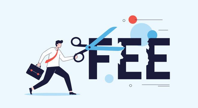 Businessman using giant blue scissors to cut through the word fee to represent the concept of reducing business costs and fees.