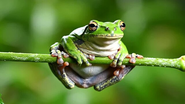 A cute green tree frog resting on a thin branch in the wild.