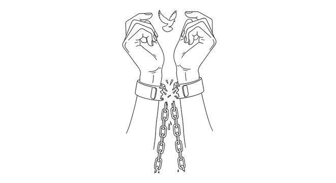 Broken Handcuffed Hands Holding Butterfly with Chains in Black and White Line Art