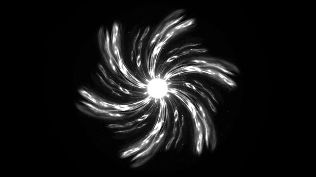 Glowing white energy spiral rotating on a black screen, with luminous particle elements and abstract light effects, perfectly designed for futuristic motion graphics and creative art backdrop, 4k