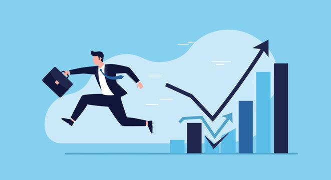 Businessman jumping over a V-shaped growth chart, symbolizing resilience, recovery, and bouncing back from financial failure to success.