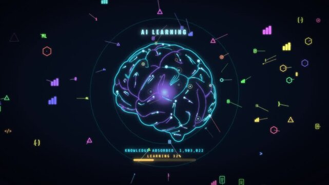 AI learning machine brain animation absorbing data and knowledge with neural network training
