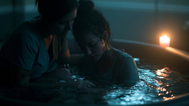 Serene Water Therapy: Intimate Emotional Connection and Relaxation in a Low Light Spa Setting