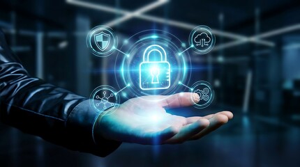 Fototapeta premium A hand holding a glowing digital padlock icon surrounded by other security-related icons, representing cybersecurity and data protection.