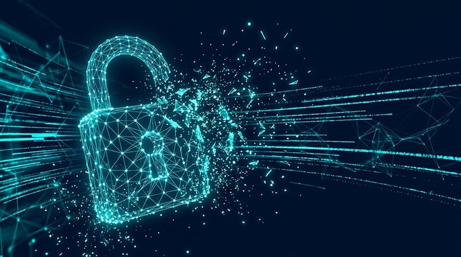 Abstract digital padlock breaking apart into glowing blue particles and lines on a dark background.