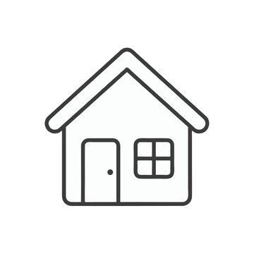 A stylized line art representation of a dwelling with a pointed roof a visible door and a framed window perfect for conveying concepts of shelter residence and property ownership in various