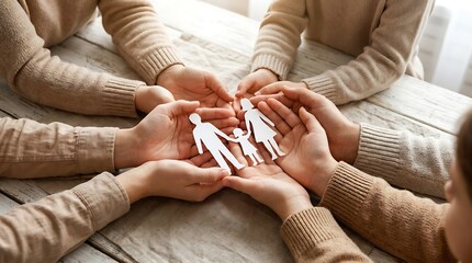 Obraz premium A group of hands carefully holding a paper cutout of a family, symbolizing protection and unity.