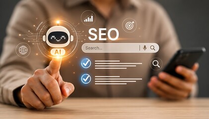 Fototapeta premium Person using a smartphone with an AI chatbot interface for search engine optimization.
