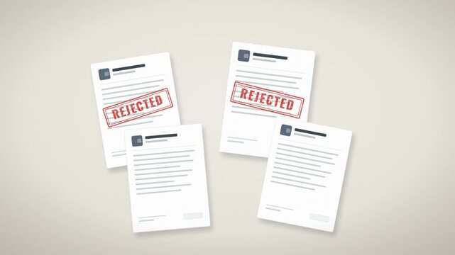Rejected red stamp animation on multiple documents and paperwork with denial mark on papers