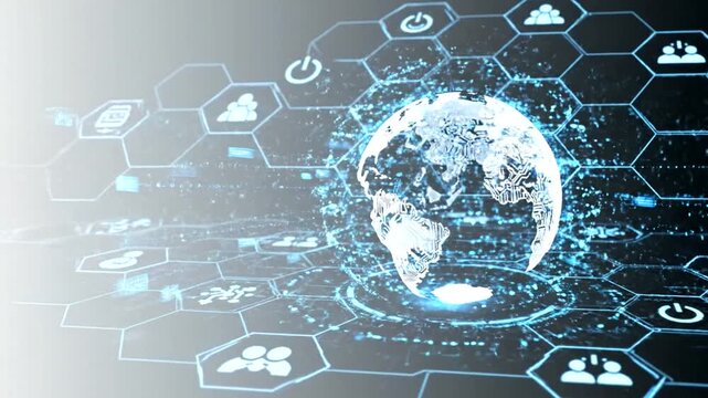 Digital Earth Globe Connected with Network Data and Global Technology Icons.