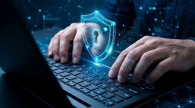 Cybersecurity concept, a person typing on a laptop with a glowing shield and lock icon overlay, representing data protection and digital security.