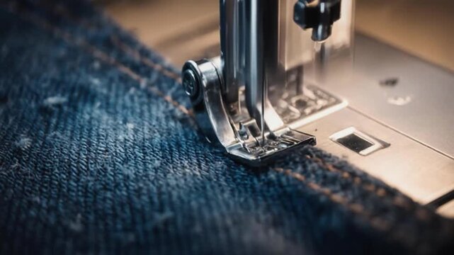 Close up of Sewing denim, sewing machine close up, sewing machine, sewing machine closeup