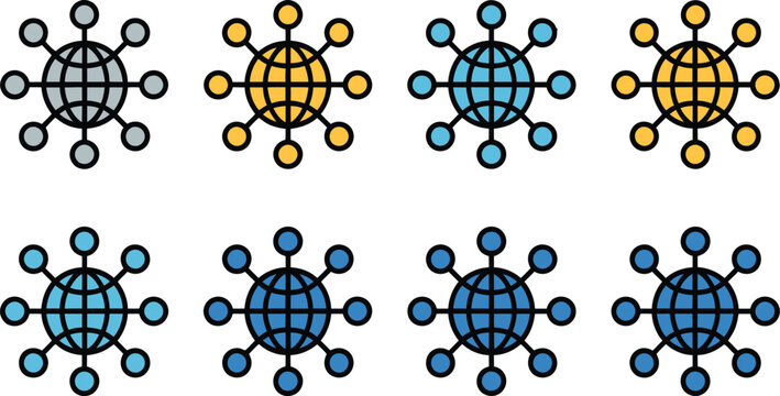 Global Network icon featuring worldwide connectivity, digital infrastructure, cloud computing, servers, communication technology, and world map elements, vector