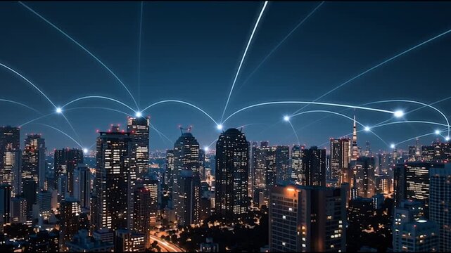 Smart Innovation city with connection cyber security network reciprocity over the cityscape . future wireless digital city and social media networking systems that connects people with in the city