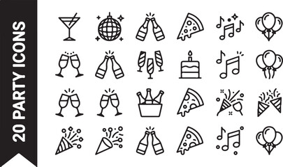 Fototapeta premium Collection of minimalist line art icons featuring party essentials, drinks, and festive decorations for event design.