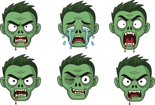 Zombie head illustration set with cartoon horror expressions and undead face designs, decorative artwork vector element for Halloween, gaming, and spooky graphic design