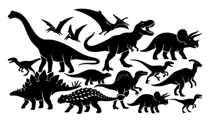 Prehistoric dinosaurs silhouettes collection including t-rex and triceratops vector © MstNadiya