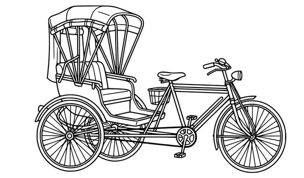 Traditional cycle rickshaw vintage asian transport vehicle line art vector