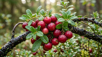 Fresh ripe cranberries on a branch with green leaves in the forest