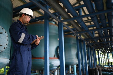 Obraz premium Industrial engineer inspecting pipeline systems and equipment inside a water treatment facility. Worker monitoring infrastructure, maintenance processes and utility operations for safe production.