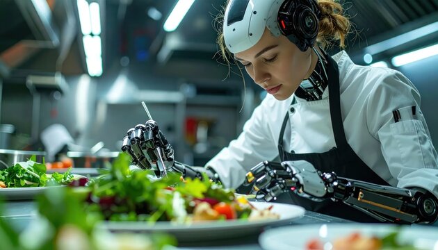 Cyborg female chef preparing fresh salad in kitchen.
