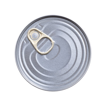 Round tin can, with ring-pull lid, isolated, from above. Easy-open can, rigid, cylindrical metal container, for convenient, tool-free opening, with small metal loop, securely riveted to the lid. Photo