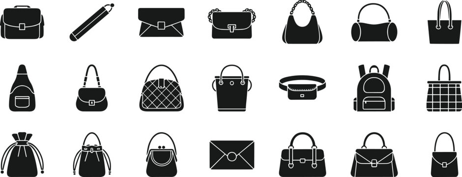 Bag silhouette illustration set with handbag purse backpack tote clutch and accessory designs, decorative artwork vector element for fashion, boutique, and modern graphic design