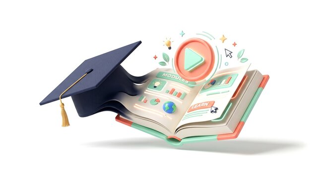 Graduation cap resting on open book with interactive e-learning interface featuring play button modules and learn label in pastel 3D style