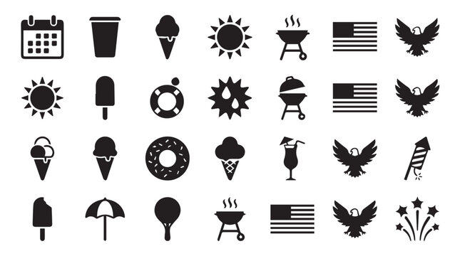 Black and white icons set featuring camping gear, outdoor activities, national symbols, and patriotic elements for design projects.