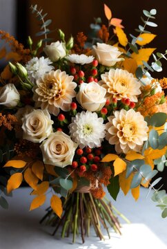 Elegante Mazzo di Fiori Autunnali con Rose Crema, Dalie Arancioni, crisantemo  Bianco e Bacche Rosse su Sfondo Neutro