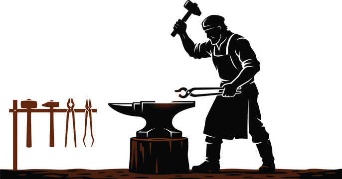 Blacksmith hammering hot metal on anvil