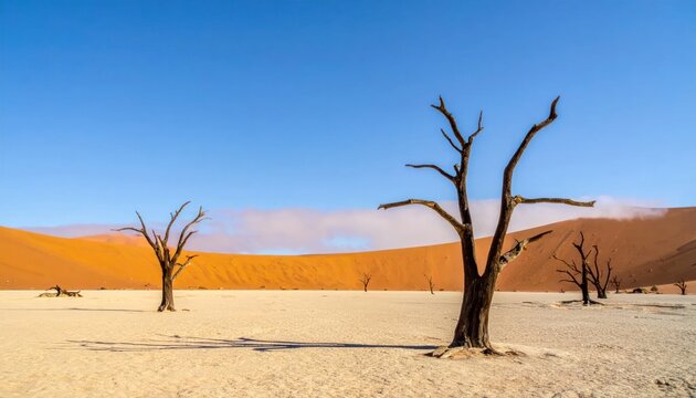 Dead trees in Deadvlei under blue sky Namibia.