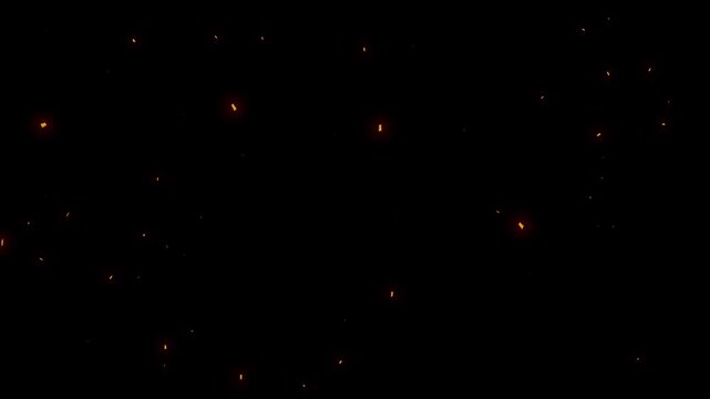 Flying fire sparks and glowing ember particles on dark background.Perfect as a cinematic VFX overlay,
fire particles effect Realistic surreal ember fire dust slowing rising up on black bg 4K.