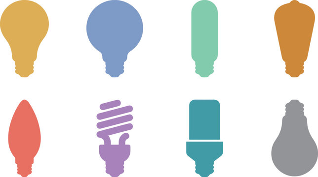 Colorful light bulb vector silhouettes collection showing various types of incandescent, fluorescent, and halogen lamps