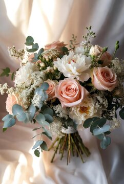 Bouquet di fiori da sposa romantico con rose cipria, peonie bianche ed eucalipto su sfondo di seta