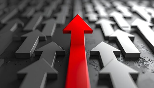 Red arrow stands tall, leading others upward. Gray arrows follow, pointing in same direction