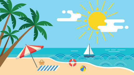 Obraz premium Sunny beach with palm trees, umbrella, and sailboat on a beautiful summer day