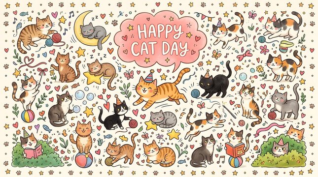 Happy cat day pattern with many cute cats and party elements