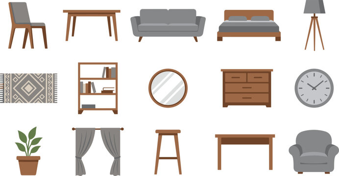 Living room furniture and house interior decoration vector icons collection, flat home apartment apartment equipment set