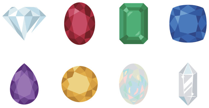 Precious gemstone crystals vector icons collection, colorful shiny jewels set including diamond, ruby, emerald and sapphire
