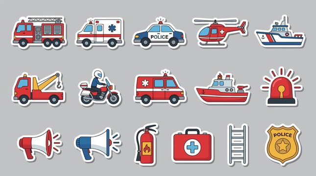 Emergency rescue services sticker icons set with fire truck police car ambulance helicopter megaphone and first aid kit
