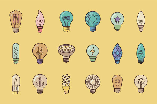 Creative electric light bulbs collection flat icons vector illustration with vintage edison halogen and led lamp designs