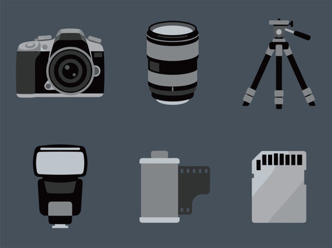 Professional photography equipment icons set with dslr camera lens tripod flash speedlight roll film and memory card